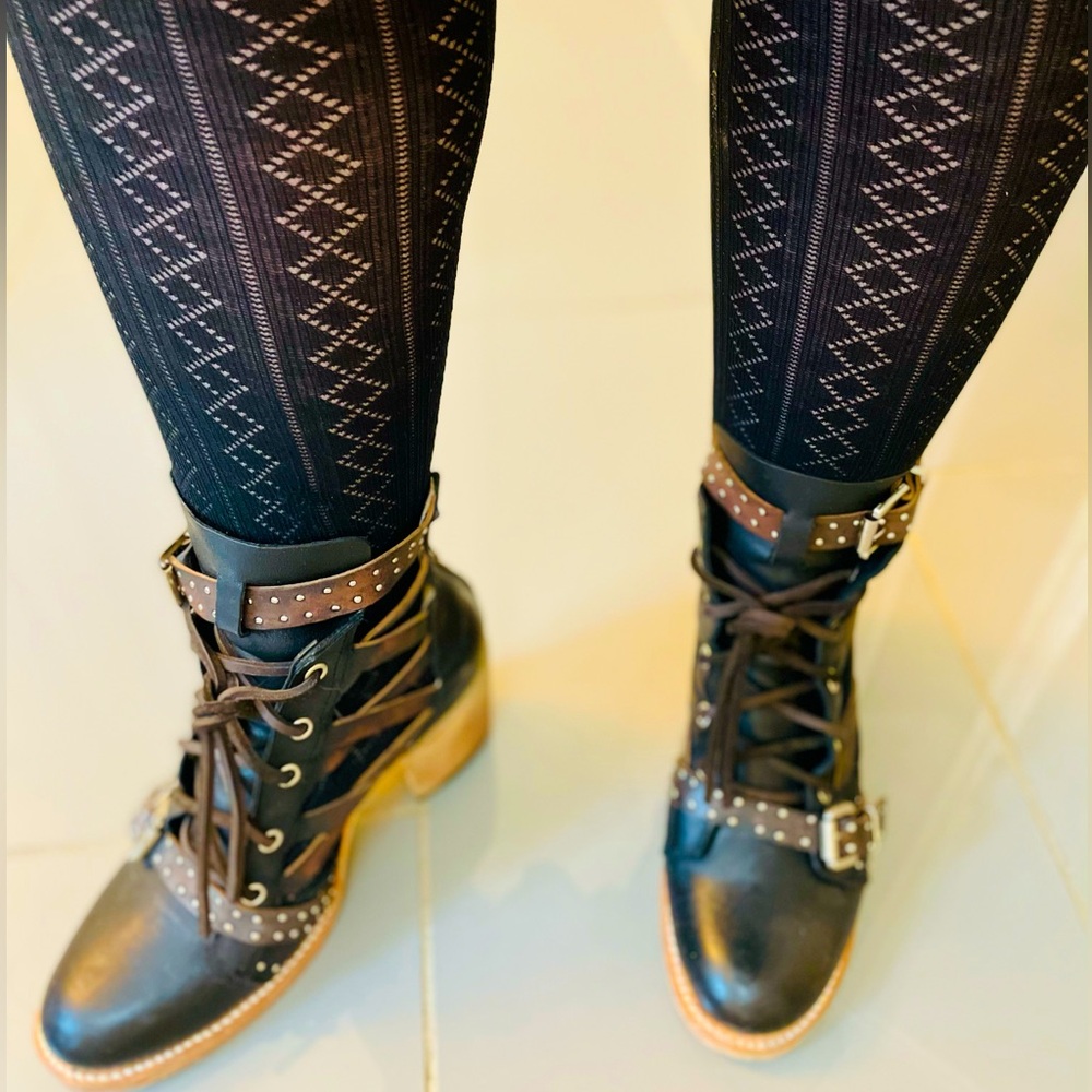 Freebird by Steven Cheyenne Sz 8 lace-up leather booties with studded straps